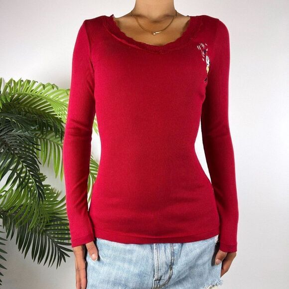 Vintage Y2K Red Disney Casual Long Sleeve Preppy Coquette Holiday Top / XS - Picture 4 of 5